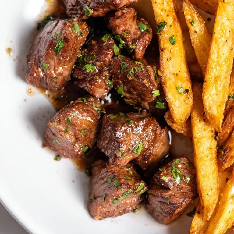 These flavorful Blackened Cajun Steak Bites offer a spicy kick, served with a side of homemade golden fries.