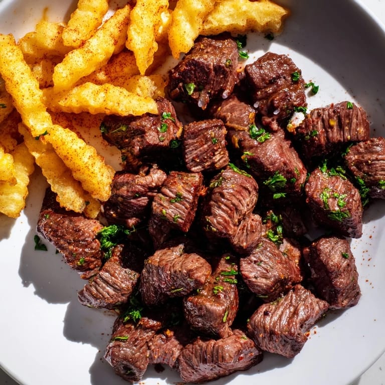 Enjoy a plate of sizzling Blackened Cajun Steak Bites, paired with seasoned, crispy fries, a delightful meal.
