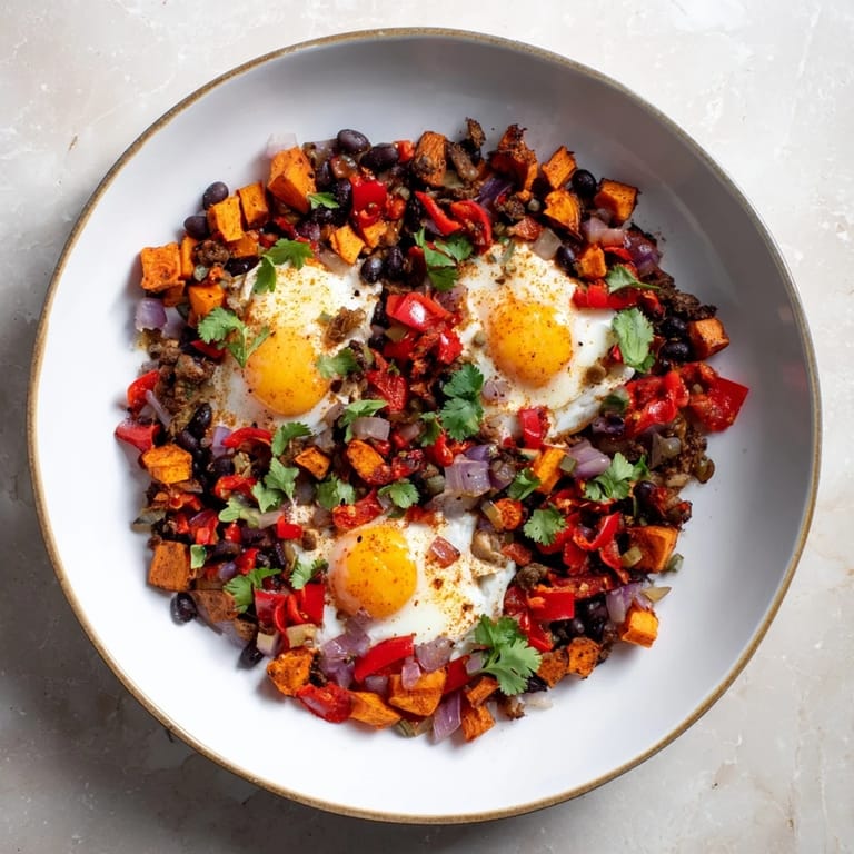 Sizzling skillet of Sweet Potato & Black Bean Breakfast Hash, a colorful and flavorful vegetarian breakfast dish.