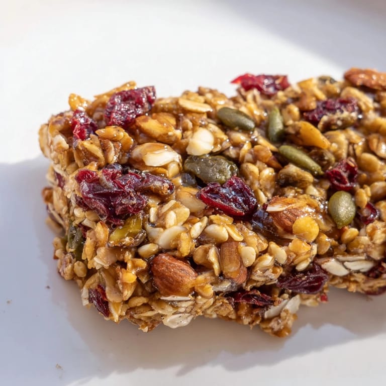 Close-up of chewy Roasted Pumpkin Seed & Cranberry Granola Bars filled with oats and cranberries.