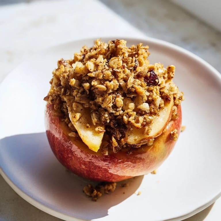 Warm Baked Apples with Oat-Nut Crumble, offering a comforting aroma of cinnamon and fall flavors.