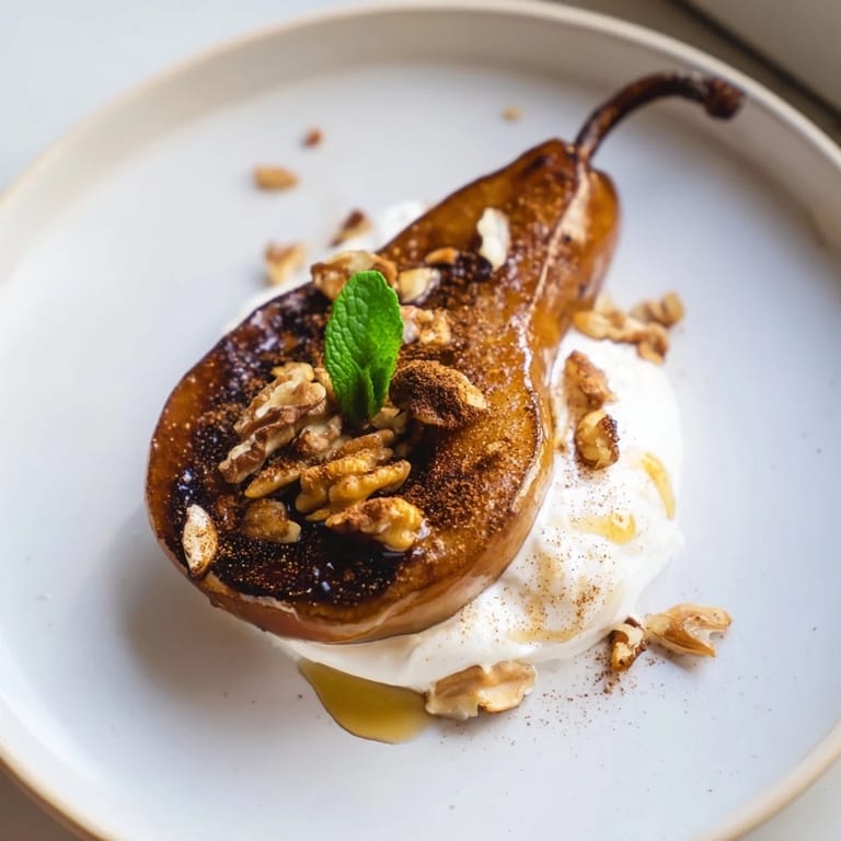Close-up of golden-brown roasted pears, a healthy dessert topped with Greek yogurt and crunchy walnuts.