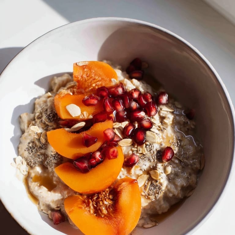 Bright red pomegranate seeds top creamy Overnight Oats with persimmon and chia seeds, perfect for breakfast.