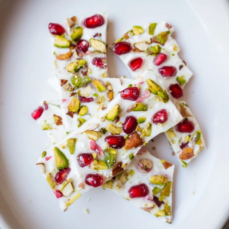 Close-up of frozen, colorful Frozen Yogurt Bark, a refreshing dessert dotted with pomegranate and pistachios.