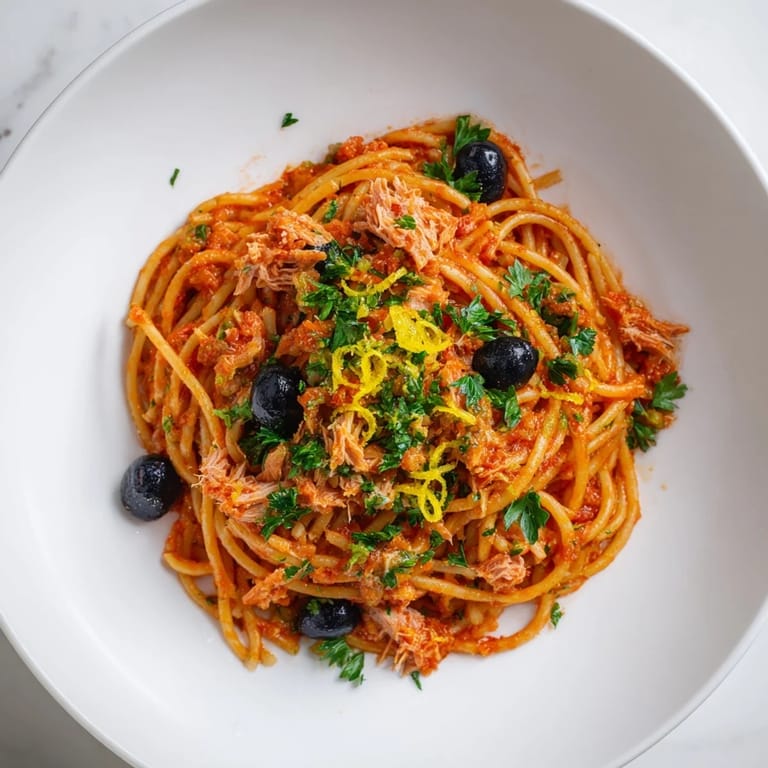 A close-up of pasta with tuna, olives and capers, showing the delicious textures and colors.