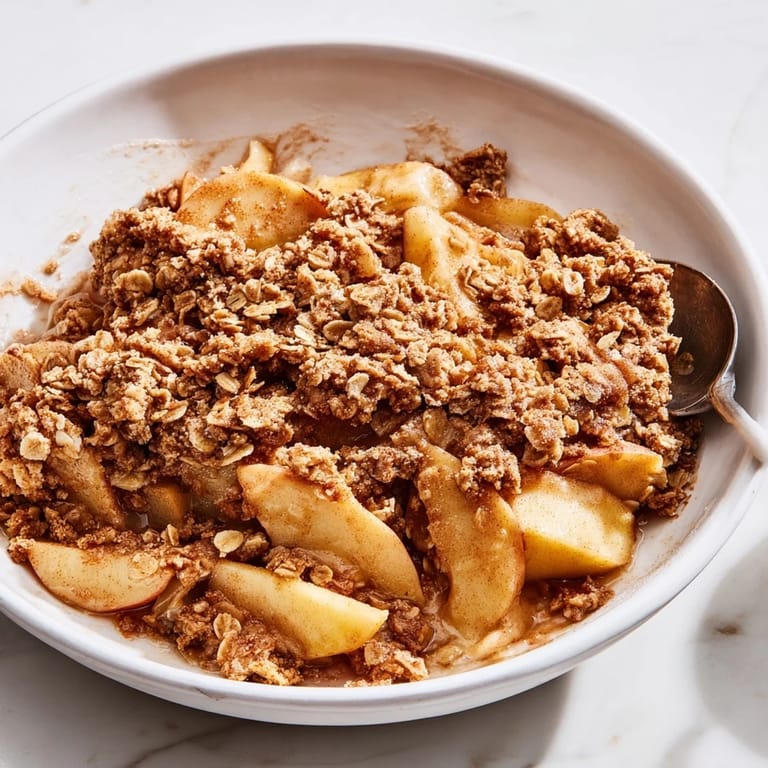 Warm, bubbling Apple Crisp showing a rustic topping over tender, cinnamon-spiced apples, ready to serve!.