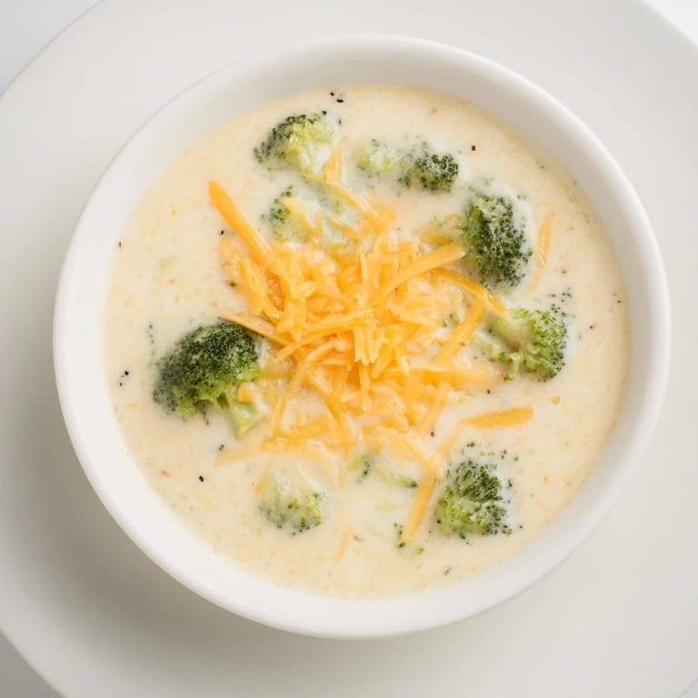 Golden-yellow Broccoli Cheese Soup with visible flecks of broccoli, ideal for a comforting lunch.