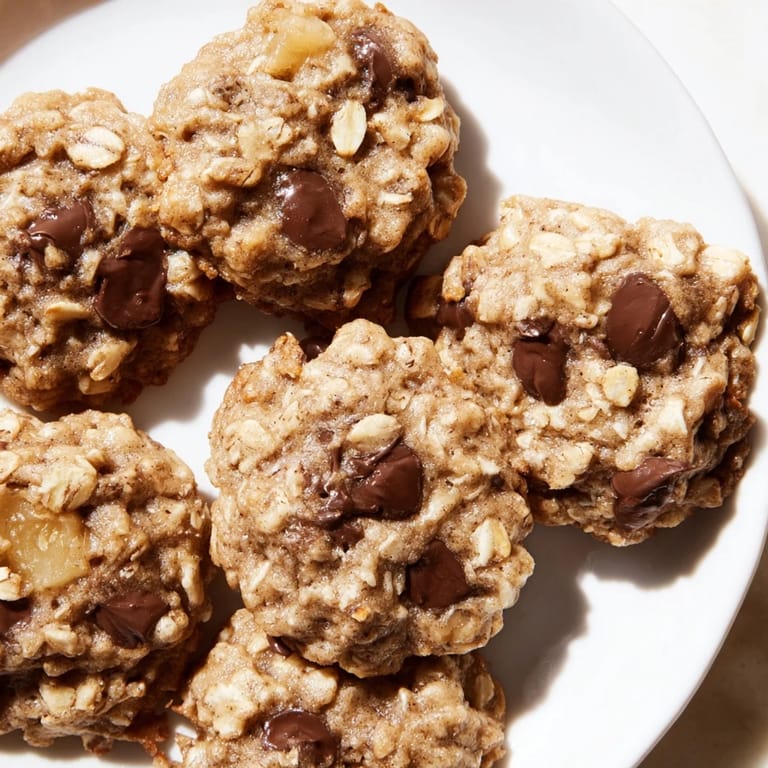 Close-up of a stack of moist Oat-Banana Chocolate Chip Cookies, speckled with dark chocolate.