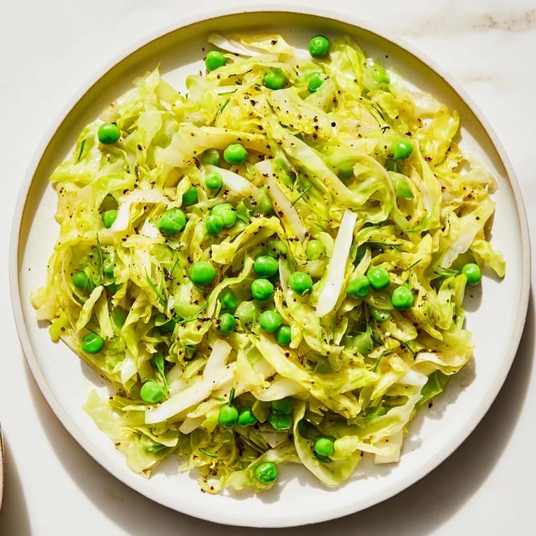 Vibrant image of a Cabbage Stir-Fry, with tender cabbage and bright green peas ready to be enjoyed.