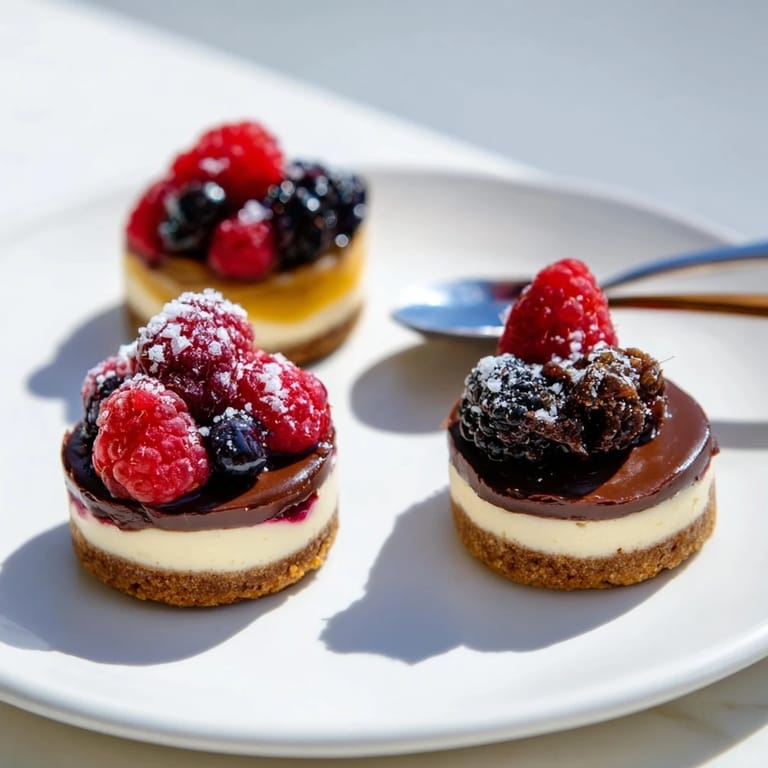 A close-up of a Mini Dessert Bites Trio, with varied textures and toppings for visual appeal.