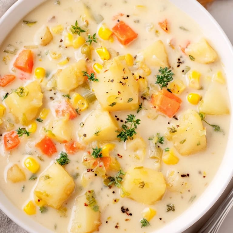 This comforting Corn & Potato Chowder features tender potatoes and sweet corn swimming in a rich broth.