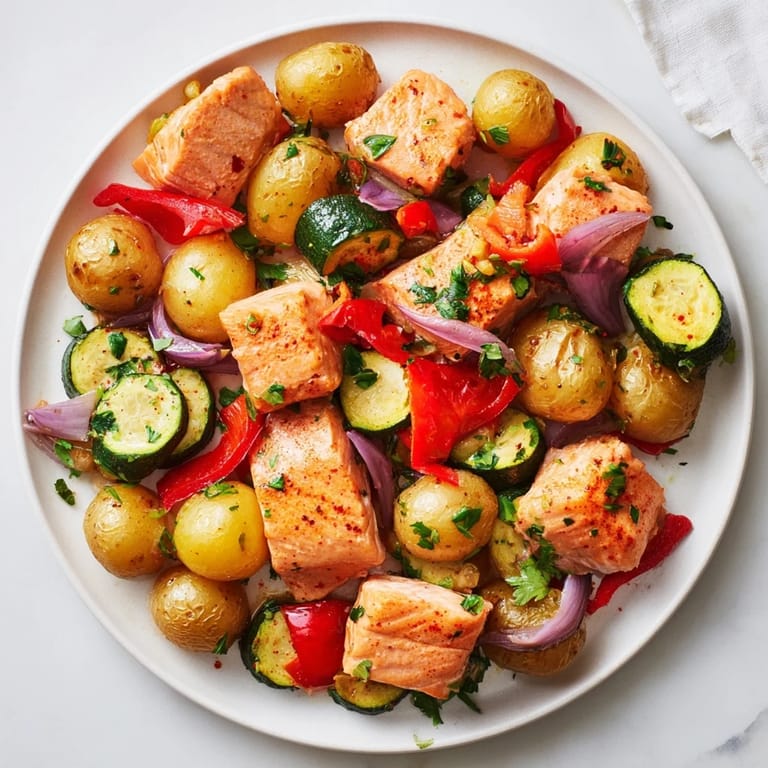 Vibrant, colorful vegetables surround perfectly cooked Salmon & Potato Skillet, ready to enjoy with a squeeze of lemon.