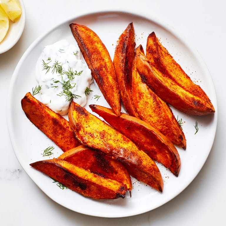 Freshly prepared roasted sweet potato wedges: a delicious side, perfect with yogurt dip.