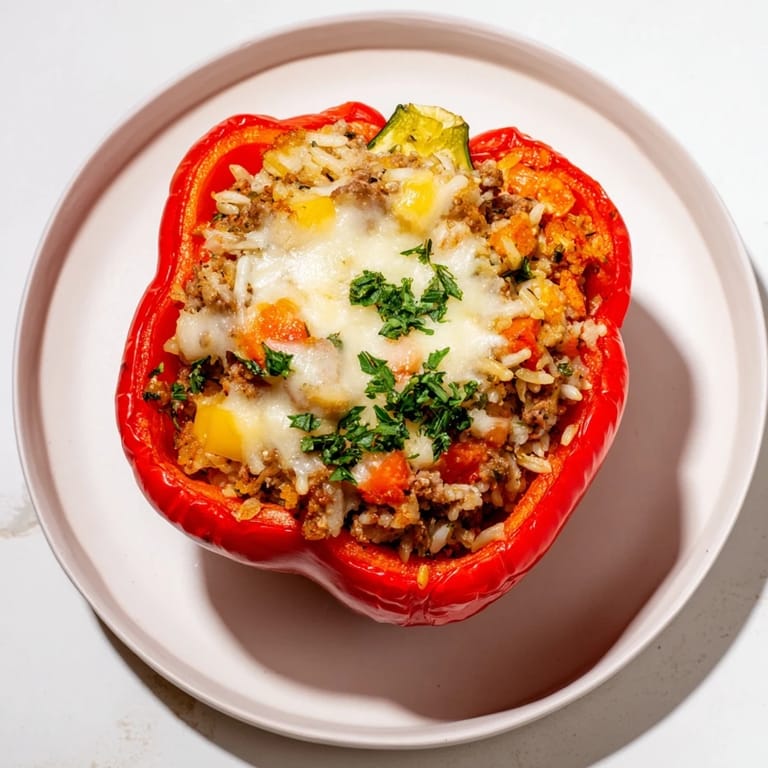 A close-up of hearty stuffed peppers featuring ground turkey, rice, oozing cheese, perfect for dinner.