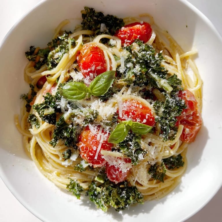 A close-up of a colorful, delicious one-pot spaghetti dish, filled with fresh kale and tomatoes.