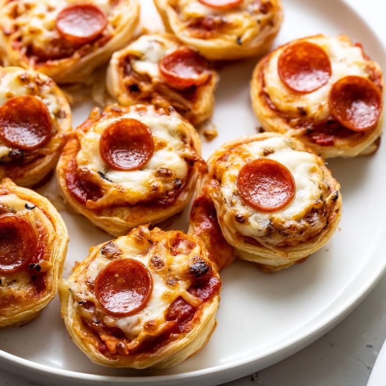 Enjoy warm Mini Pepperoni Pizza Pinwheels, featuring savory pepperoni and melted mozzarella, ready to be served.