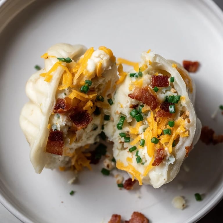 Close-up of freshly cooked loaded baked potato soup dumplings, piled high and garnished with chives and sour cream.