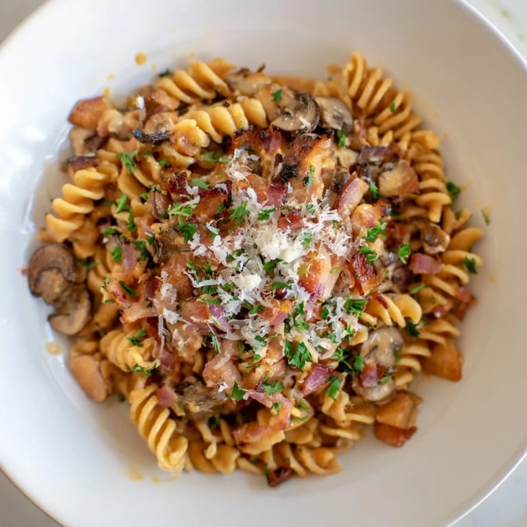 Golden, crispy bacon bits topping the flavorful fusilli with bacon, onions, and mushrooms dish.