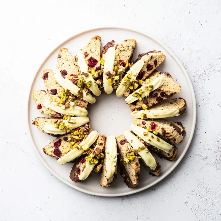 Golden-baked White Chocolate Cranberry Pistachio Biscotti drizzled with melted white chocolate, a festive treat.