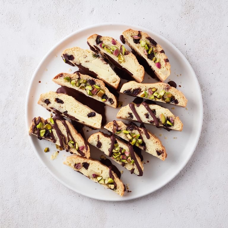 Close-up of freshly baked White Chocolate Cranberry Pistachio Biscotti showing texture and pistachios.