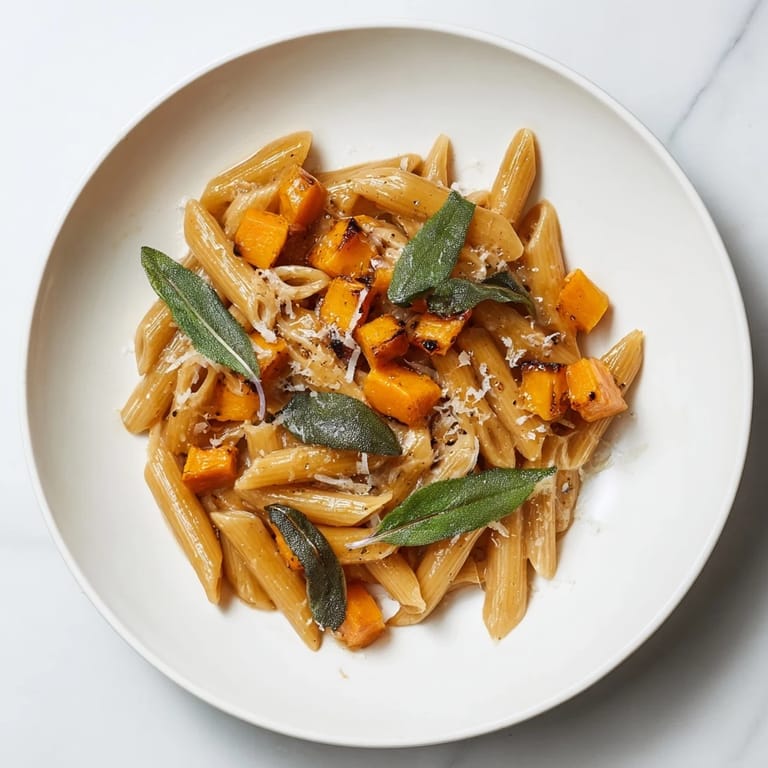 A warm plate of brown butter pasta, showcasing roasted butternut squash and crispy sage leaves.