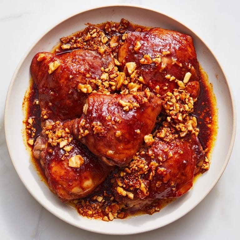 Aromatic bowl of budget Fesenjan stew, chicken and walnuts simmering in a delicious, tangy sauce.