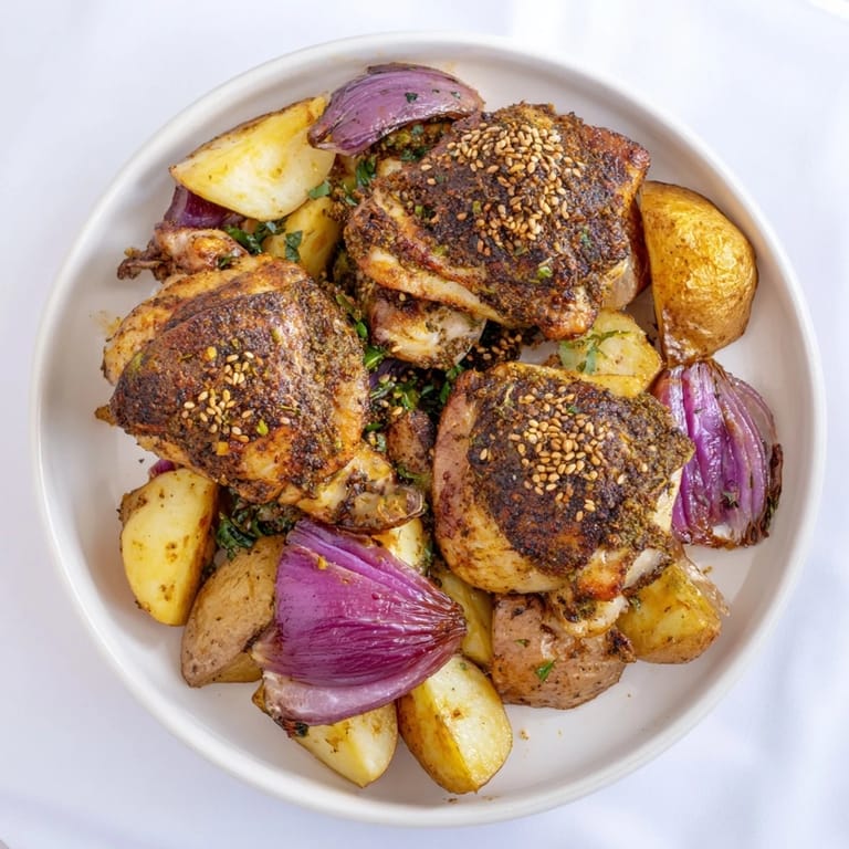 Vibrant plate of pan-roasted zaatar chicken and potatoes, tender chicken and perfectly roasted vegetables.