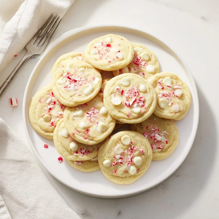 A plate of warm, soft White Chocolate Peppermint Bark Cookies, showing off a delightful combination of sweet and minty flavors.