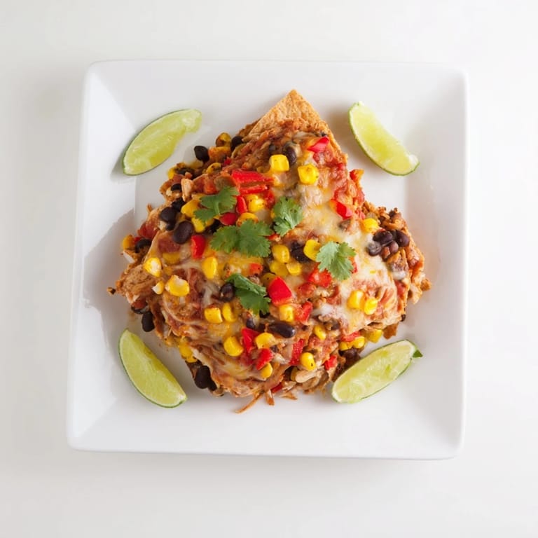 Layered Quick Black Bean and Corn Tortilla Casserole featuring warm tortillas, black beans, and colorful veggies.