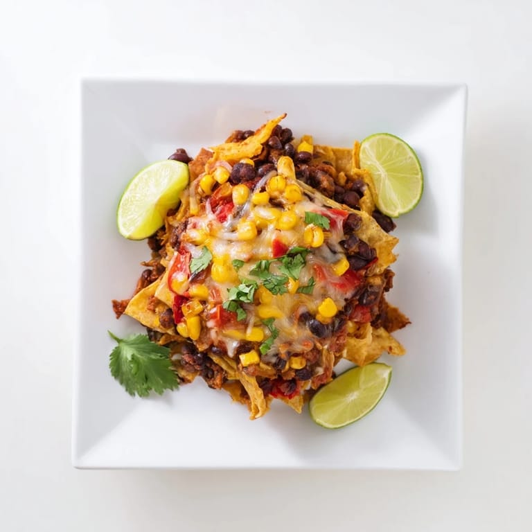 Close-up of a cheesy, bubbly Quick Black Bean and Corn Tortilla Casserole, garnished with fresh cilantro and avocado.