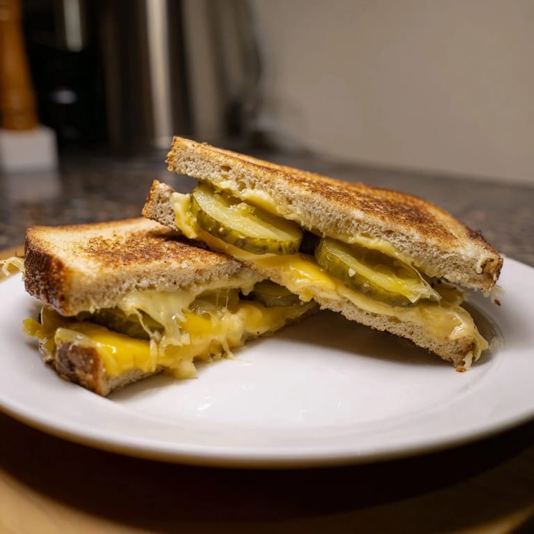 Melting cheddar and mozzarella on fresh sourdough: savory Gooey Pickle Grilled Cheese sandwich perfection.