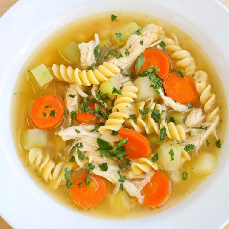 Warm, hearty Crockpot Chicken Noodle Soup, featuring soft noodles and shredded chicken in seasoned broth.