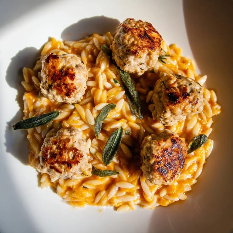 Close-up of savory sage turkey meatballs with pumpkin-infused orzo, perfect for a fall dinner.