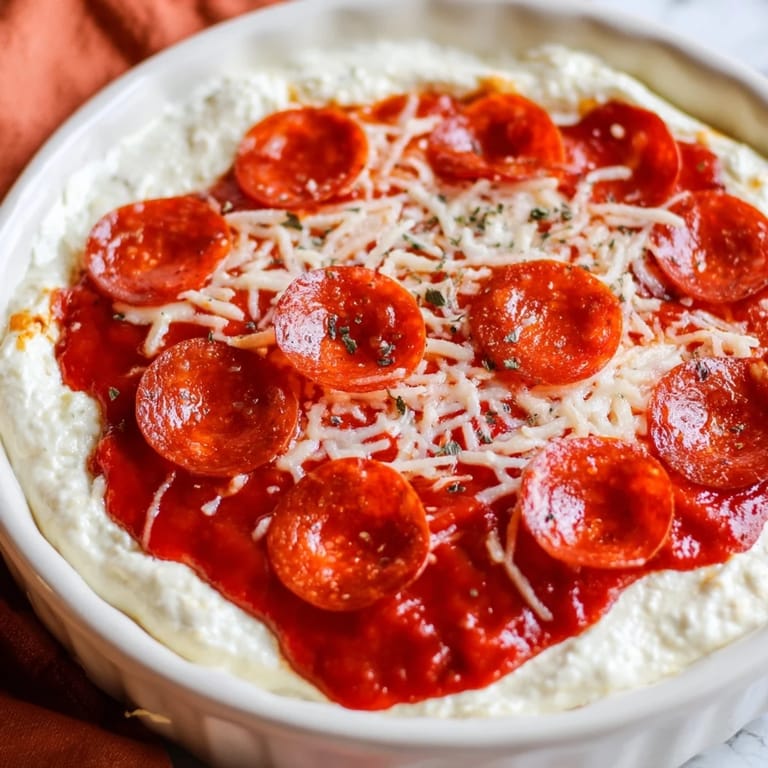 Warm, creamy pizza dip, perfect for parties, loaded with tangy marinara and pepperoni slices.