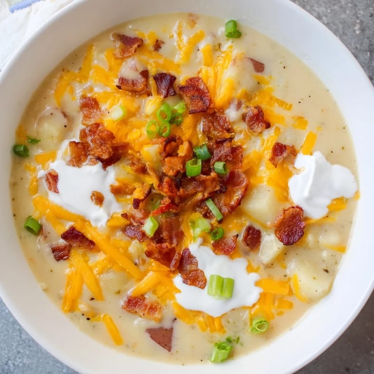 A steaming ladle of Crockpot Loaded Baked Potato Soup, boasting tender potatoes and a cheesy, delicious aroma.