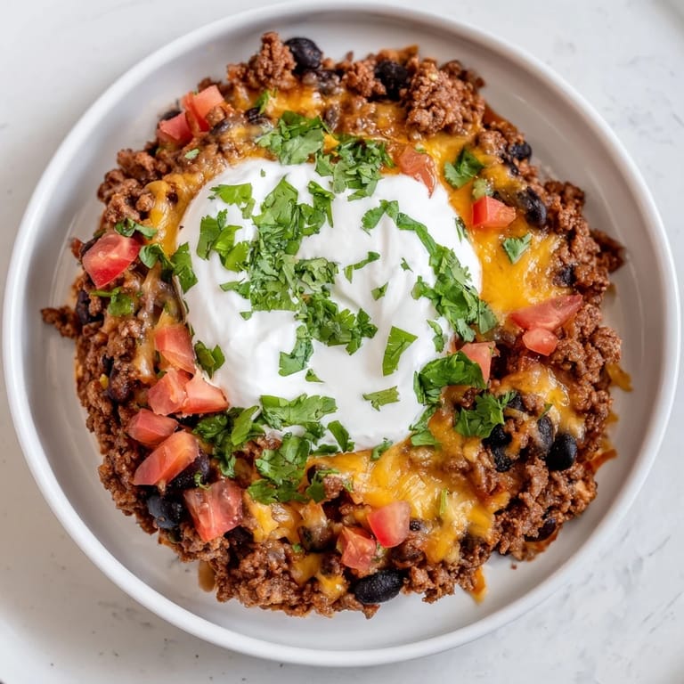 A close-up of the flavorful, melted slow cooker cream cheese taco dip, seasoned ground beef is visible.