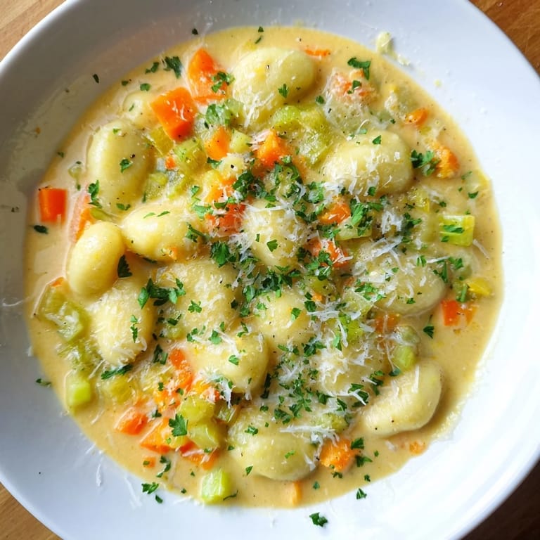 A close-up shot of creamy Savory Butternut Squash Gnocchi Soup, showcasing tender gnocchi and rich broth.