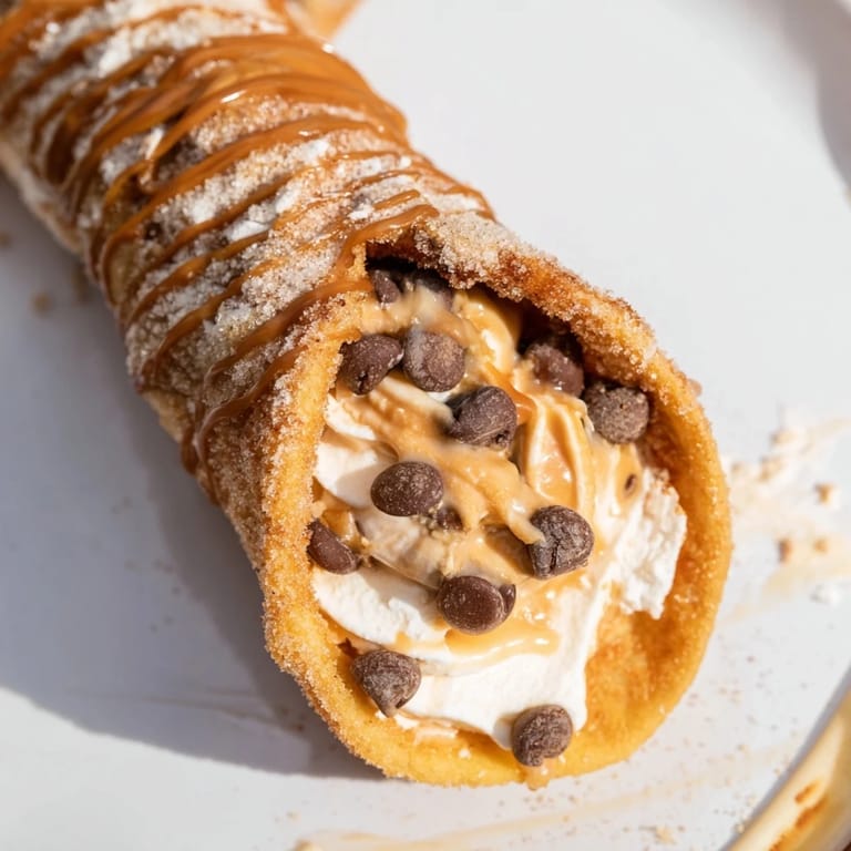 Close-up of freshly made, sweet Quick Churro Cheesecake Cones, a perfect dessert for your next treat.