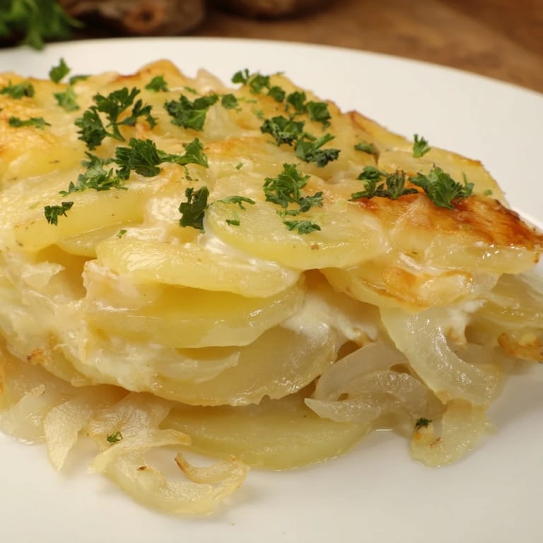 Creamy, cheesy Budget-Friendly Potato Layer Bake, perfect for a comforting vegetarian main course.