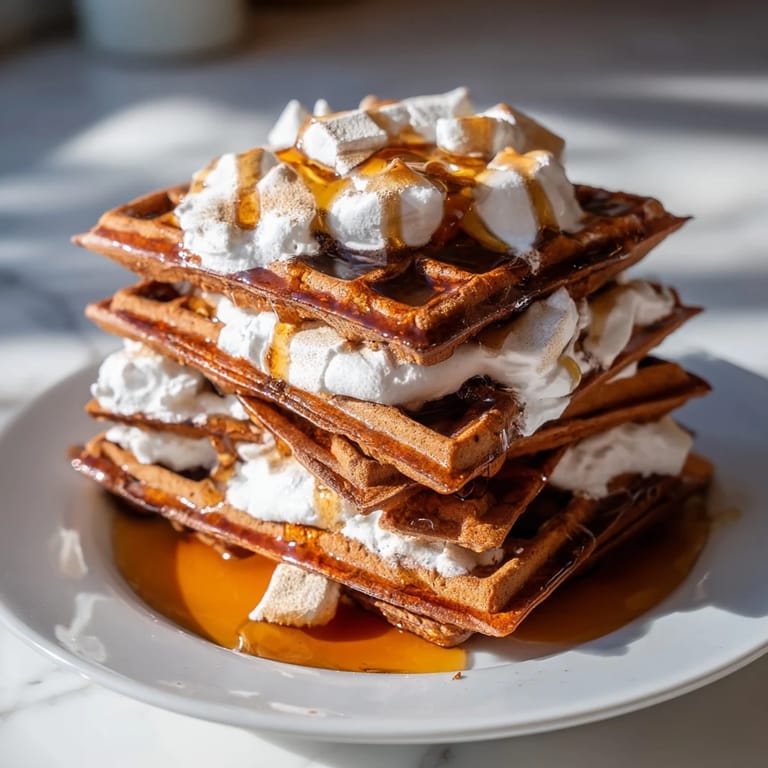 Golden, crisp gingerbread waffle stacks, lightly spiced, piled high and ready to enjoy with a fork.