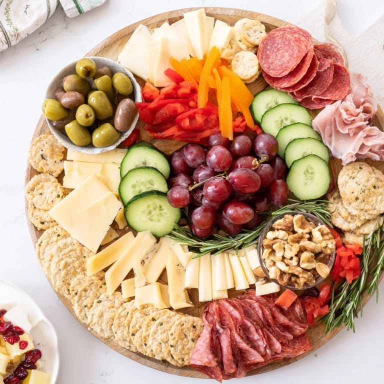 A close-up of a delicious Simplified Grazing Board Wreath overflowing with holiday appetizer favorites.