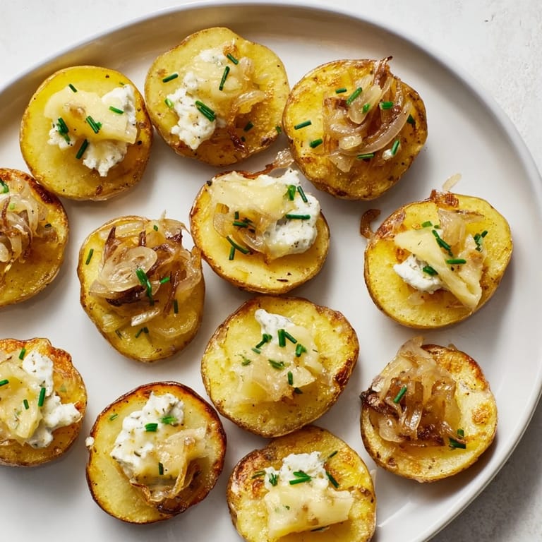 Enjoy the savory aroma of caramelized onions atop these delicious Lightened French Onion Potato Bites, ready to eat!