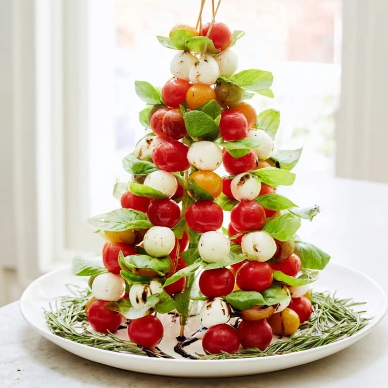 Enjoy the festive presentation of Easy Christmas Tree Caprese Skewers, a delightful holiday appetizer drizzled with glaze.