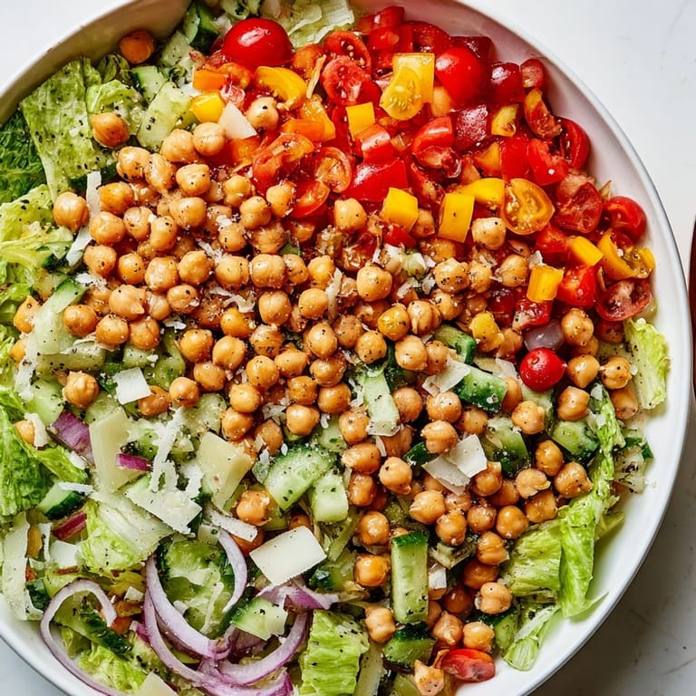 Close-up of vibrant La Scala chopped chickpea salad, showcasing fresh vegetables and creamy dressing.