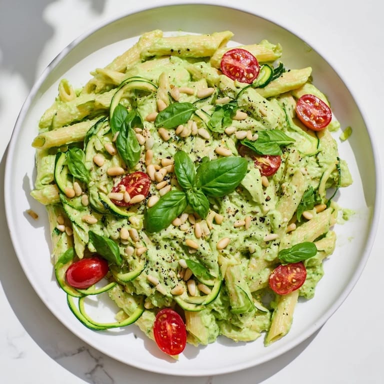 Vibrant plate of Vegan Green Goddess Pasta coated in a spinach and avocado sauce.