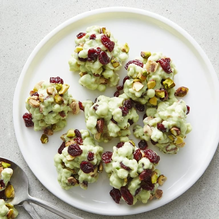 Sweet matcha white chocolate cranberry bark clusters; a close-up shows the colorful, textured dessert ready to be enjoyed.