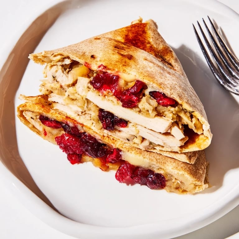 Crispy layered tortilla filled with Turkey, Stuffing and Cranberry, ready for a delicious bite.