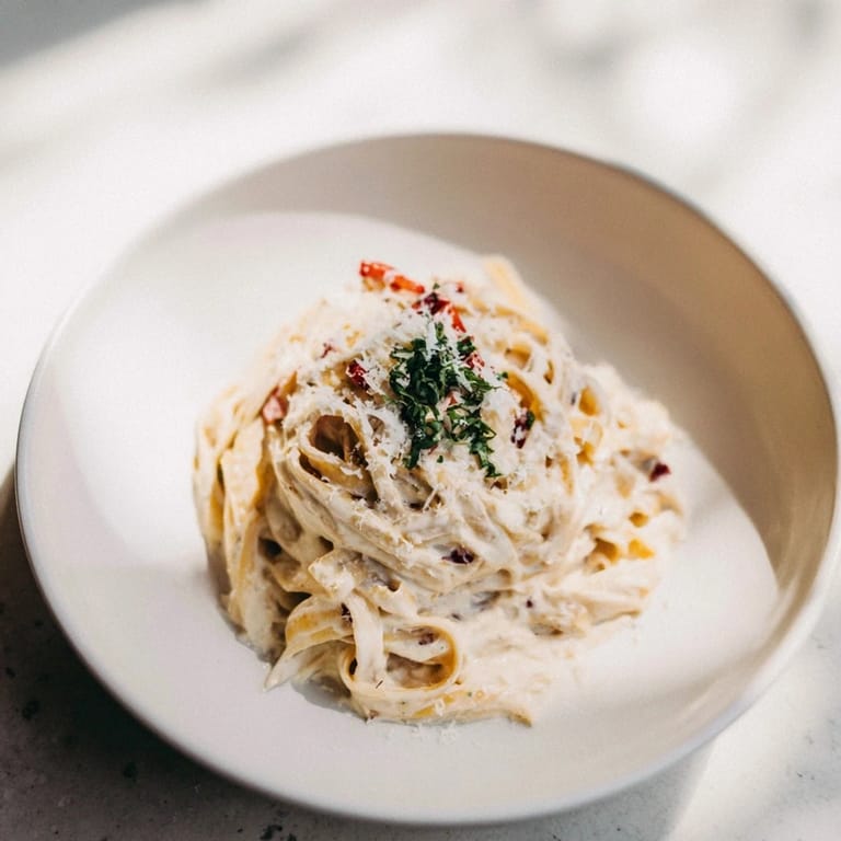 Creamy Skinny Alfredo Garlic Parmesan Snowy Pasta, glistening from the parmesan, promises a comforting, guilt-free meal.