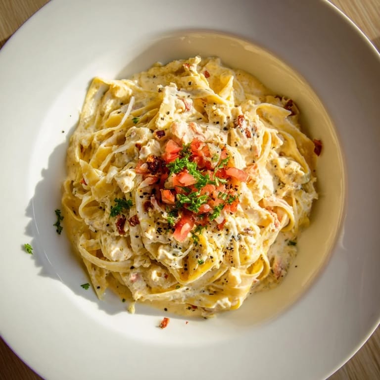 A flavorful bowl of Skinny Alfredo Garlic Parmesan Snowy Pasta, garnished with fresh parsley, looks perfectly saucy and inviting.