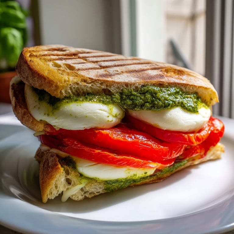 Close-up of a perfectly grilled Caprese Pesto Panini-Style Grilled Cheese, ready for a delicious bite.